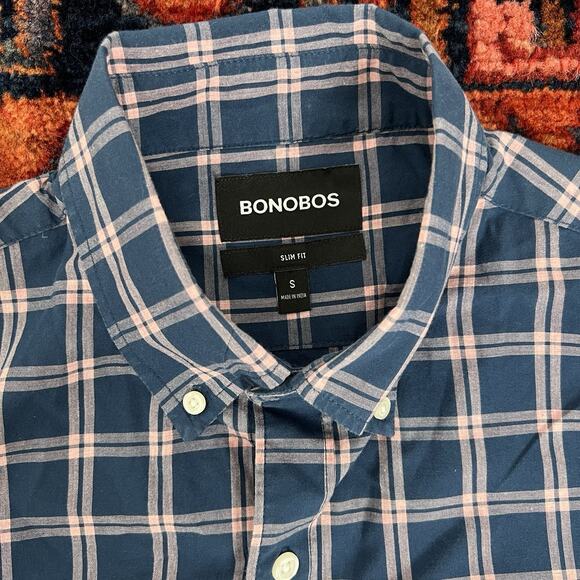Bonobos Slim Fit Long Sleeve Shirt Mens Sz Small Pink Blue Plaid Button Up - Picture 2 of 8